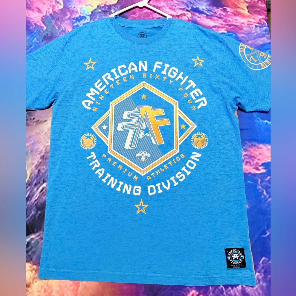 American Fighter Blue Tee with Yellow & White Graphic